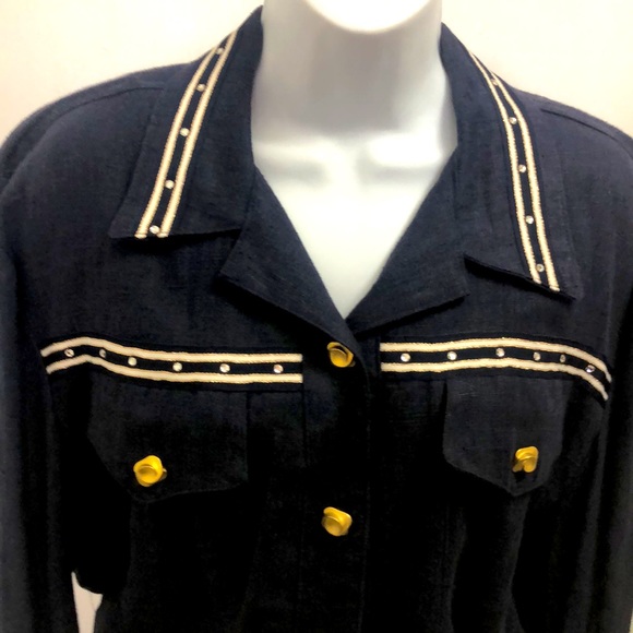 CACHÉ 💯% LINEN NAVY BLUE JACKET • GOLD BUTTONS • RHINESTONE TRIM • Sz L - Picture 3 of 15